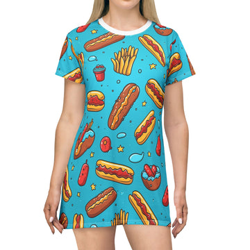 Playful Foodie T-Shirt Dress - Cute Hot Dog & Donut Print