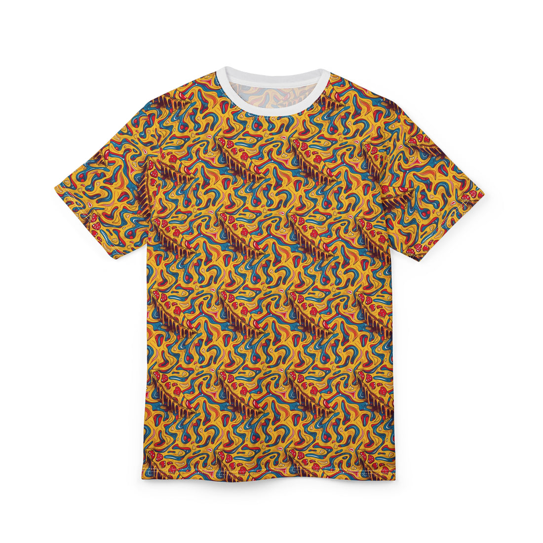 Vibrant Unisex Cut & Sew Tee - Whimsical Pizza & Colorful Swirl Design