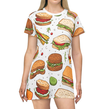 Fun Foodie T-Shirt Dress - Playful Sandwich & Snack Design