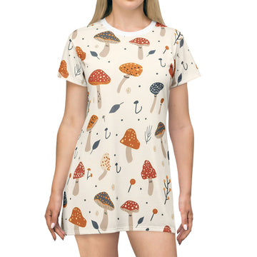Whimsical Mushroom T-Shirt Dress - Cute Casual Wear for Nature Lovers