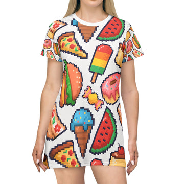 Playful Foodie T-Shirt Dress | Colorful Pixel Art Design for Fun Summer Outings