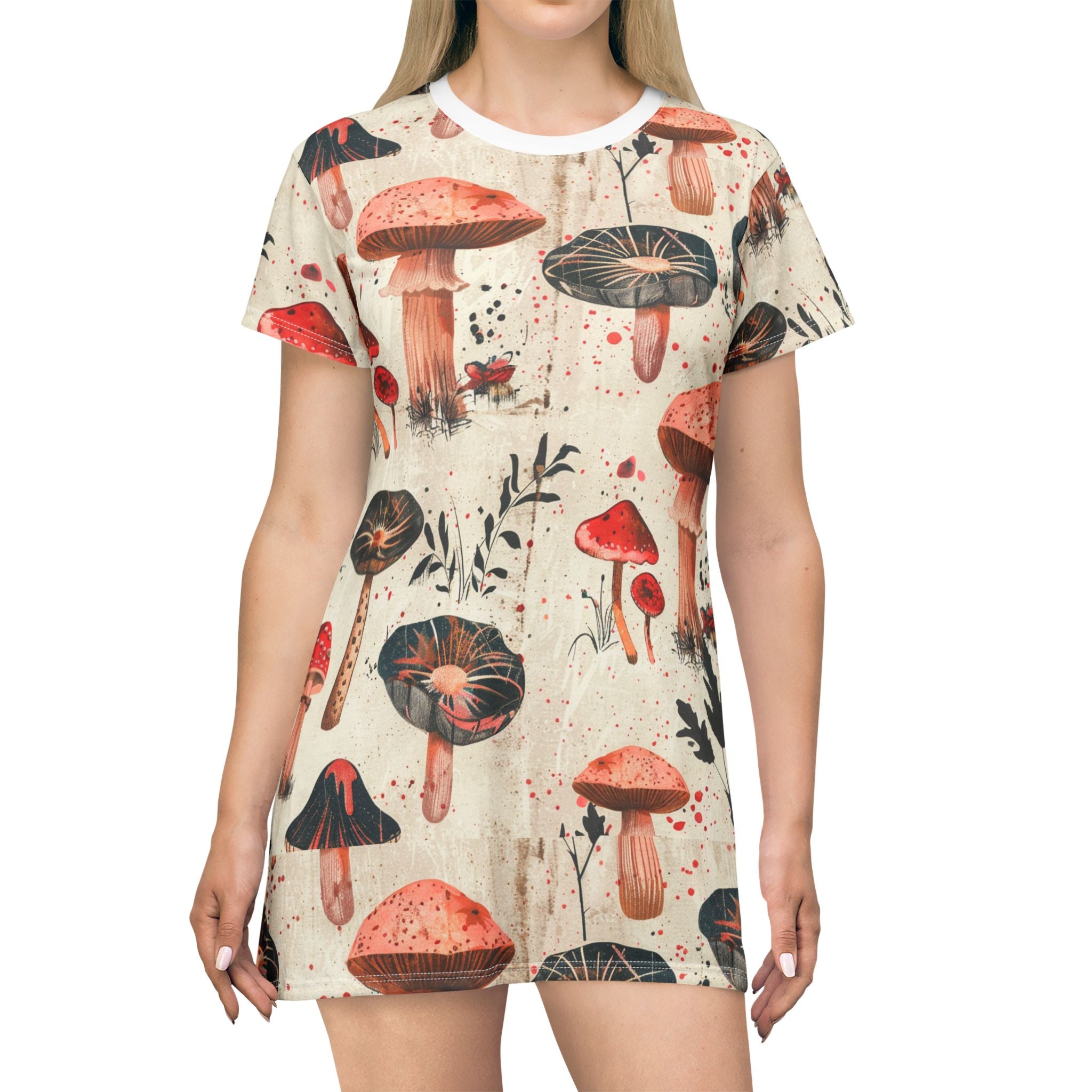 Whimsical Mushroom Print T-Shirt Dress for Nature Lovers