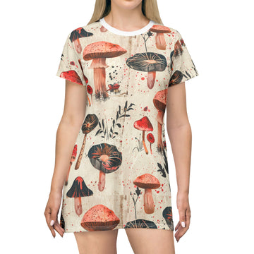 Whimsical Mushroom Print T-Shirt Dress for Nature Lovers