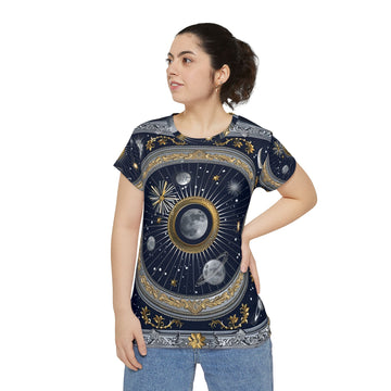 Celestial Elegance Printed Short Sleeve Shirt for Women - Cosmic Night Sky Design