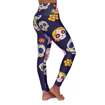 Colorful Day of the Dead High Waisted Yoga Leggings - Skull Pattern Activewear