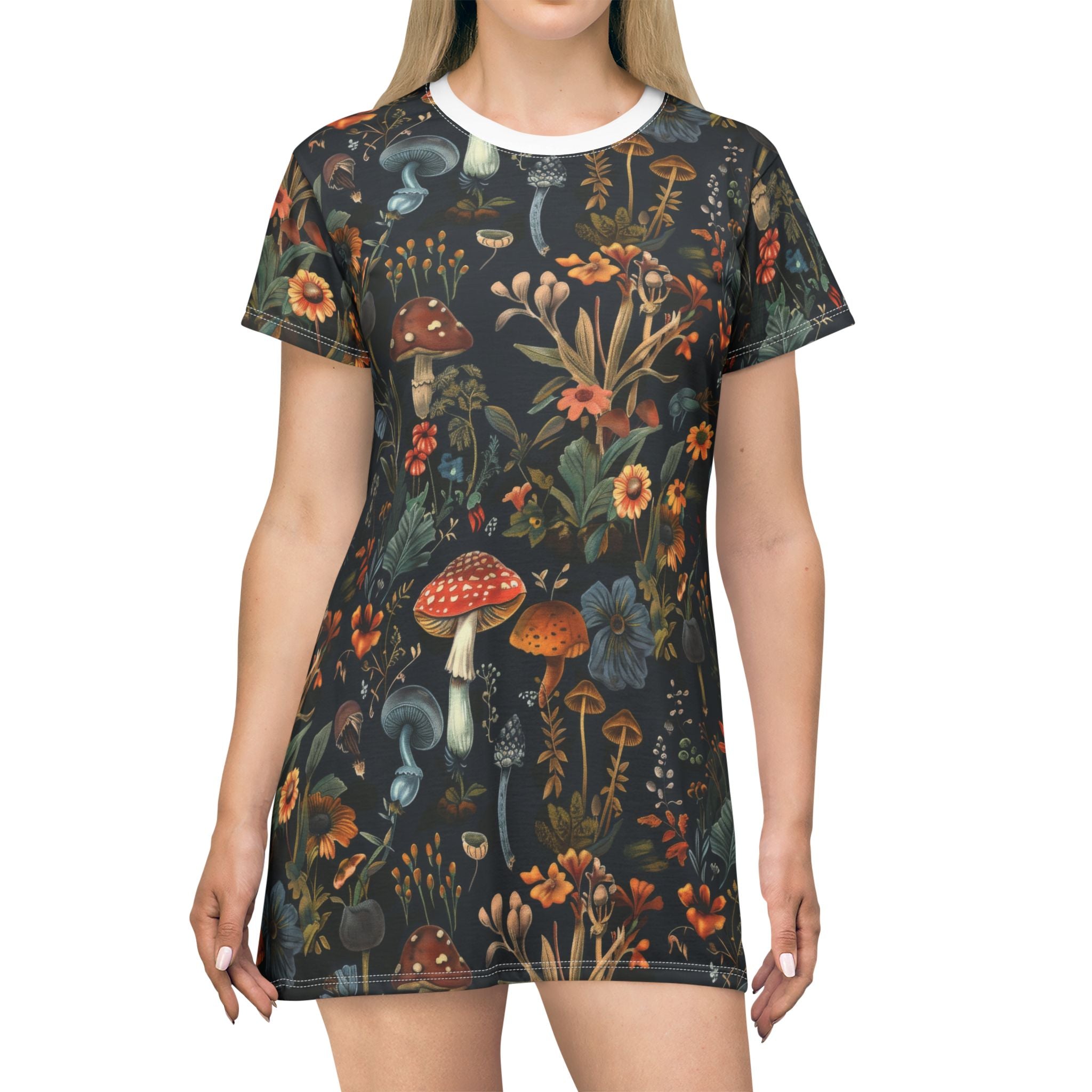 Floral Mushroom T-Shirt Dress - Bohemian Style, Perfect for Summer Gatherings
