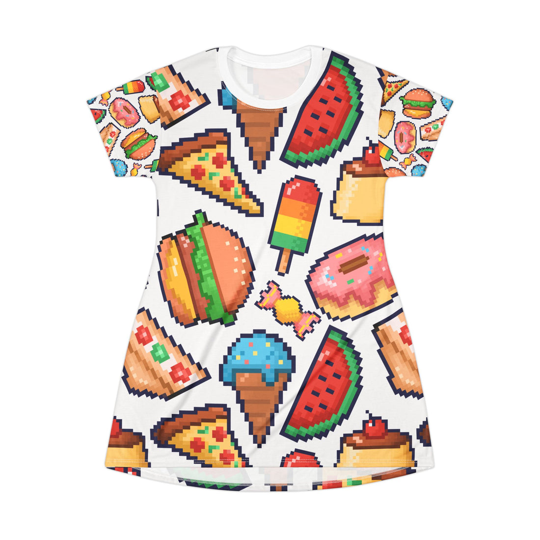 Playful Foodie T-Shirt Dress | Colorful Pixel Art Design for Fun Summer Outings