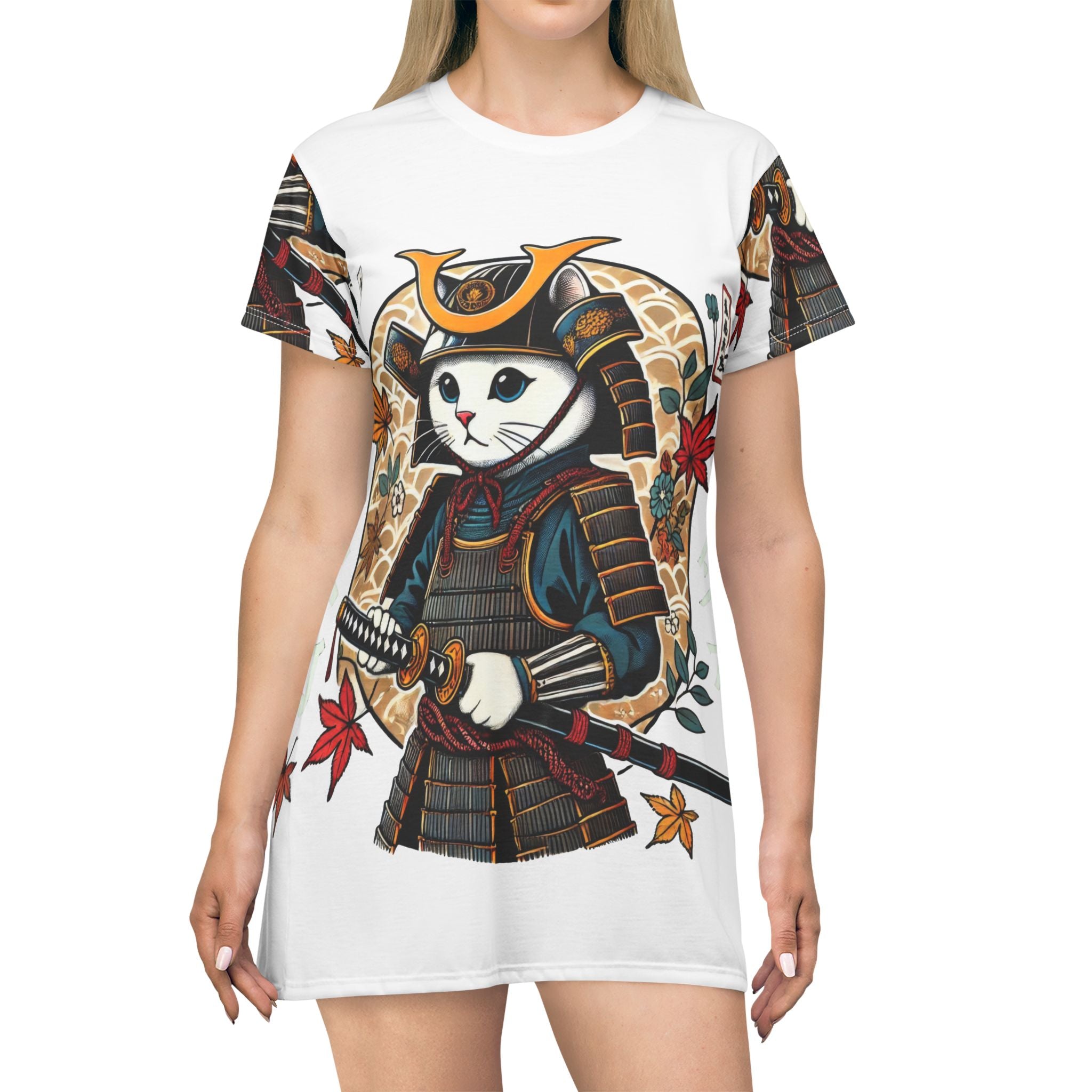 Cat Samurai T-Shirt Dress - Unique Anime-Inspired Fashion for Cat Lovers