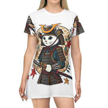 Cat Samurai T-Shirt Dress - Unique Anime-Inspired Fashion for Cat Lovers
