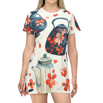 Floral Teapot T-Shirt Dress for Relaxed Style