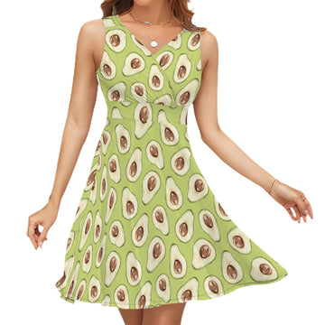 Sleeveless V Neck Dress Avocado Pattern Light