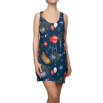 Patriotic Summer Racerback Dress with Fun BBQ and Fireworks Design