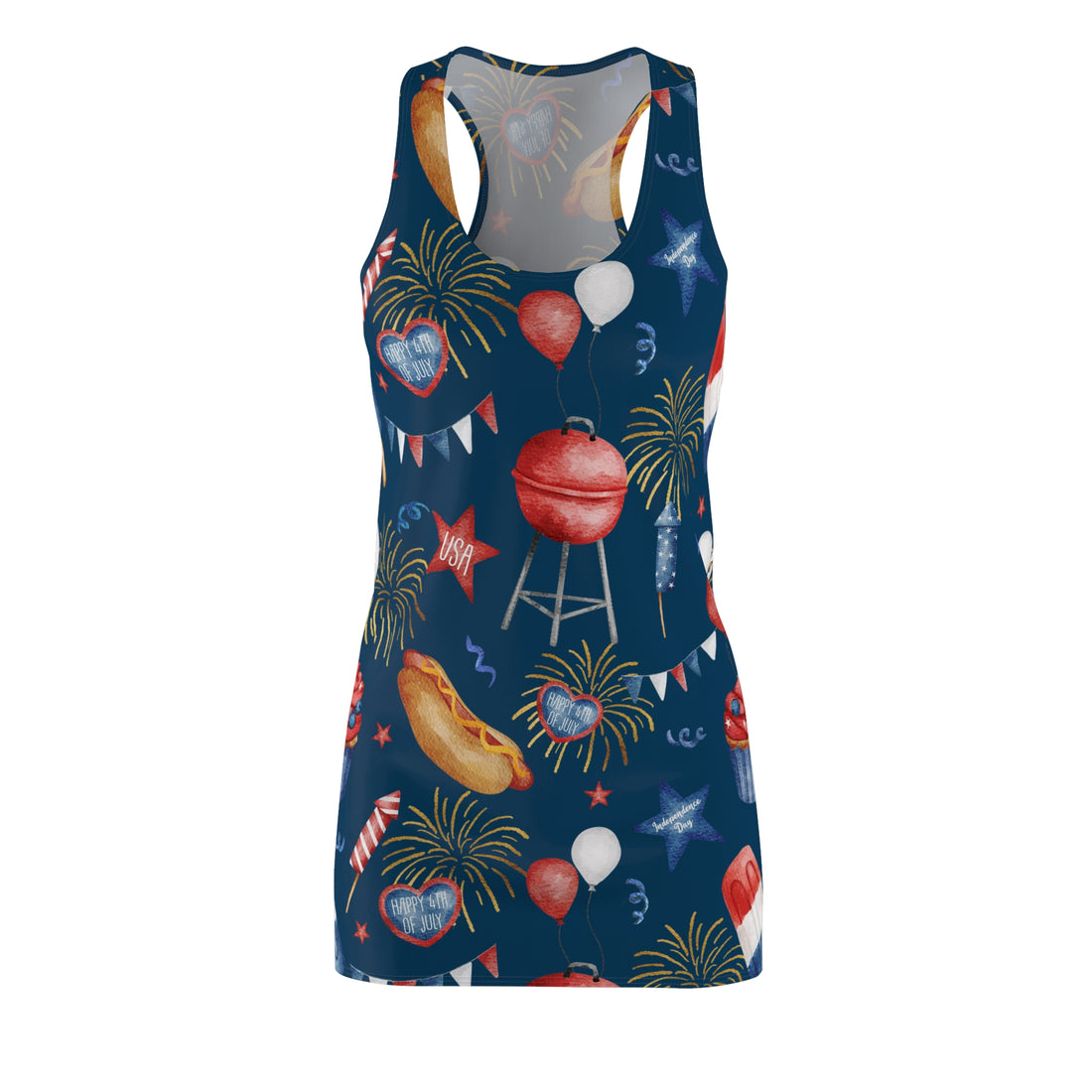 Patriotic Summer Racerback Dress with Fun BBQ and Fireworks Design